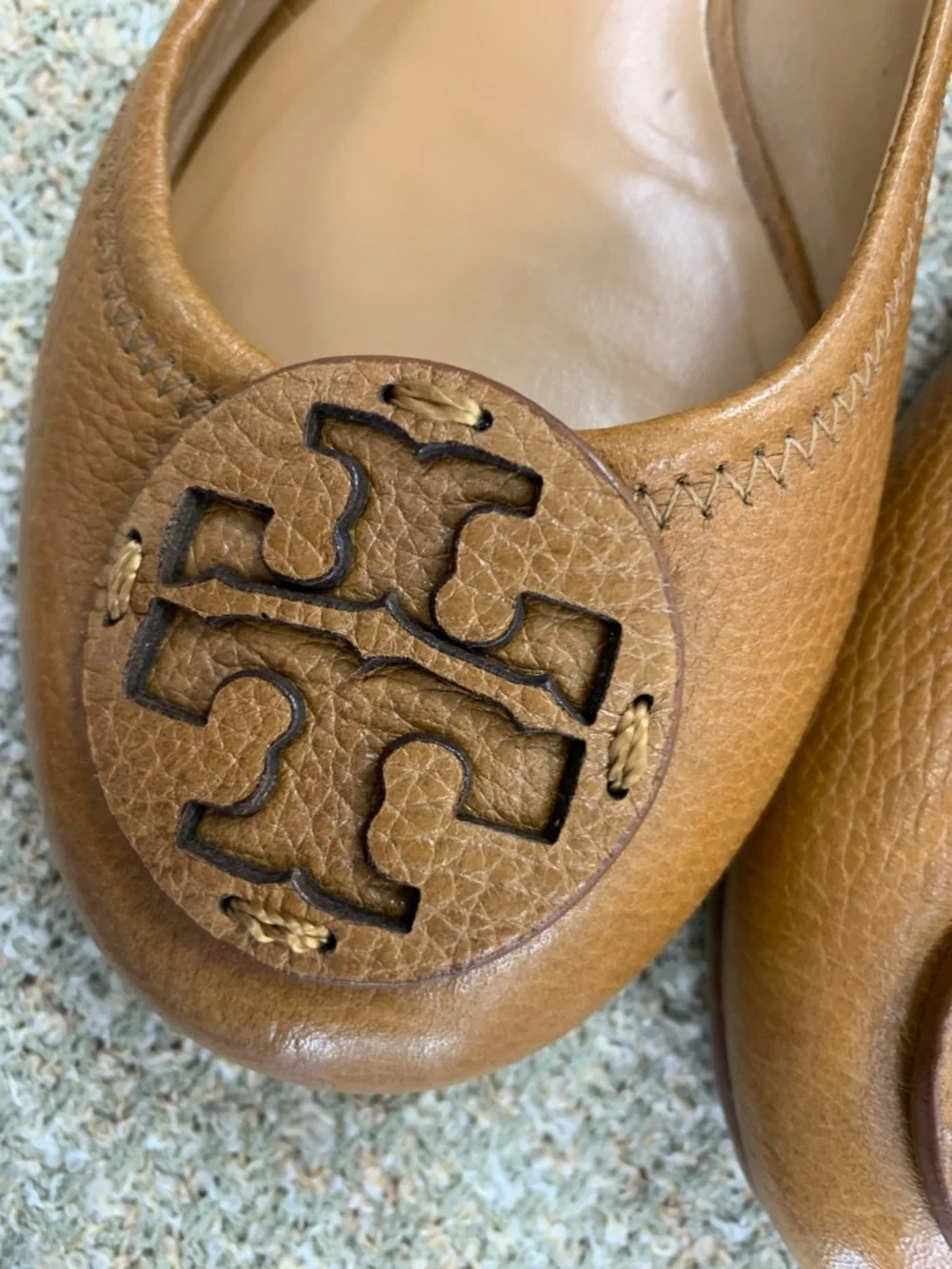 Tory Burch Cognac Leather Logo Ballet Flats